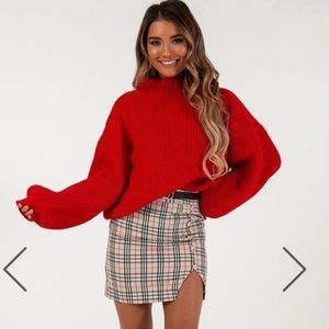 Plaid Mini Skirt with Side Slit - Beige Plaid